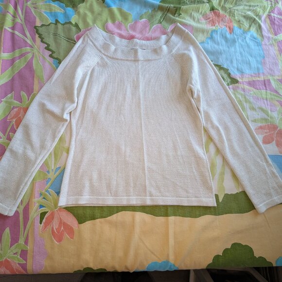 Debbiie & Morgan Metallic Silver woven Acrylic White Sz M Off Shoulder Sweater - Picture 2 of 14